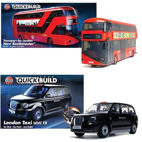 Airfix QUICKBUILD Model Vehicle Kit - J6969 New Routemaster Bus & London Taxi Building Kits for Kids 6+, Construction Toys for Boys & Girls, No Glue Model Making - Classic Vehicle Plastic Craft Set
