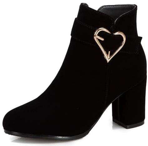 OALEEN Bottines Boots Femme Hiver Talon Haut Carré Bloc Bout Rond Coeur Métal Effet Suède Velours Soirée Chaussures Noir 45