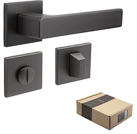 APECS Dörrhandtag innerdörrar modernt dörrhandtag för ytterdörr och innerdörr med fyrkantiga rosetter dörrhandtag grafit matt handtag set med fästmaterial dörrbeslag modell REGULUS WC – badrum