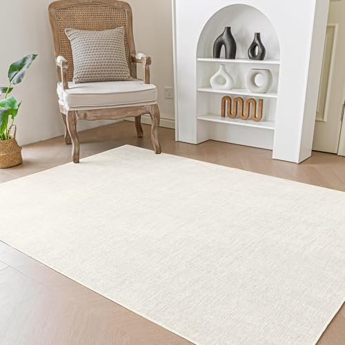 Evitany Rugs Living Room,Cream Low Pile Soft Rugs for Bedroom,Non Slip Bedside Rug for Kids Room,Chenille Short Pile Rug,Machine Washable Carpet for Lounge,Office,Dining Room(Cream/140x200 cm)