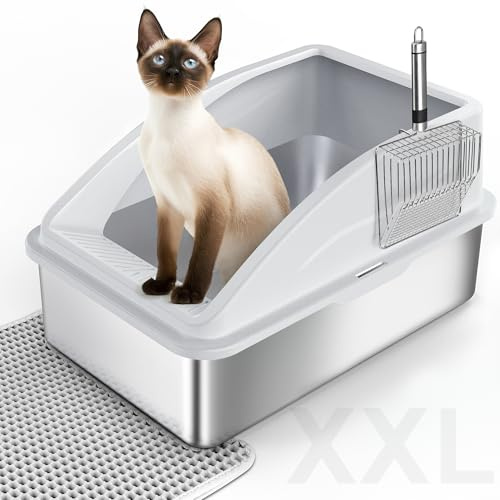 FURTIME Bac à Litière pour Chat, XXL Bac Litiere en Acier Inoxydable, Design Ouvert Facile à Nettoyer, avec 35 L Grande Capacité, avec Pelle à Litière en Acier, 58 x 36 x 33 cm