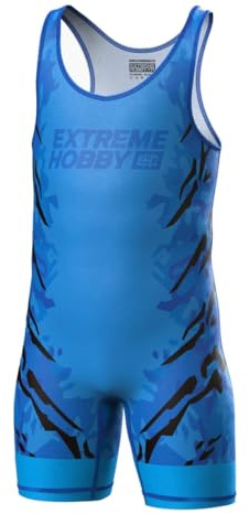 Extreme Hobby - Ringertrikot für Kinder Black Panther professioneller Kompressionsanzug für Wettkämpfe, Wrestling Singlet, Farbe: Blau, Größe: 140