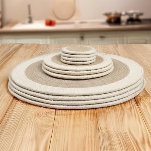Encasa XO Manteles, Posavasos y Salvamanteles, 33 cm Beige | Algodón Hecho a Mano | Resistente al Calor y Absorbente | 4 Manteles + 4 Posavasos + 3 Salvamanteles