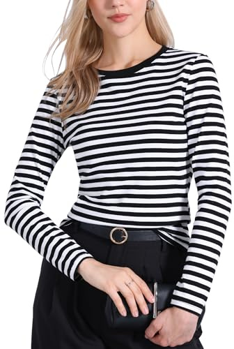 Allegra K Camisetas A Rayas para Mujer, Camisetas de Manga Larga, Camisetas Ajustadas con Cuello Redondo, Conjuntos Casuales de Moda Raya Blanca y Negra L