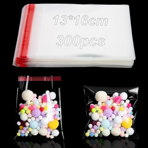 300pcs Clear Cellophane Bags Small Sealable Plastic Bag Self-Adhesive Transparent Cellophane Bags 13 x 16 cm OPP Bag Flat for Biscuits Sweets Chocolate Jewellery Earrings