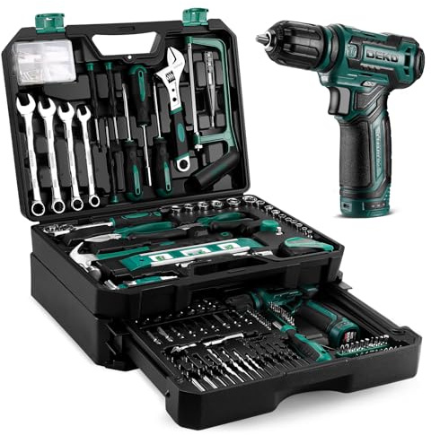 Cassetta Attrezzi Completa Elettriche: DEKO 238 Pezzi con Trapano a Batteria 12V, Valigetta Attrezzi con Set Completo di Punte, Verde