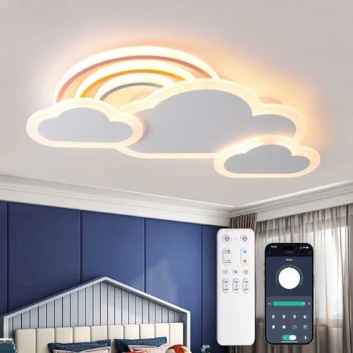 YZBEIMDAI Lampara de Techo Infantil LED, 55cm/30W Lámpara de techo creativa Nubes con arcoiris Regulable con Control Remoto, Lámpara de Techo para Dormitorio de Niños y Niñas, Blanco