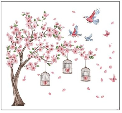 Culinavog Wall Stickers Cherry Blossom, Large Pink Tree Branch Birds Wall Decals, PVC Floral Art Sticker for Bedroom, Living Room, Nursery, Home Decor, DIY Removable Mural