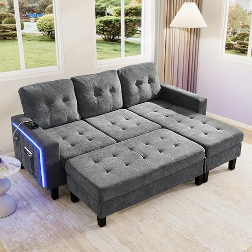 Set di Divani Angolare con illuminazione LED e Porta di ricarica USB, Tasche laterali e Poggiapiedi Mobile, Divano a L Tre Posti con pouf a Due posti, divano Letto Modulare per Soggiorno,Grigio antico