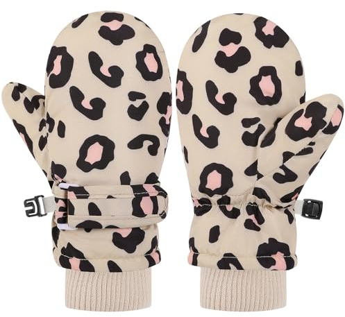 QKURT Kids Winter Warm Gloves, Children Cold Weather Gloves with Leopard Print Toddler Thermal Windproof Glove Daily Use Mitten Unisex Cycling Running Mitten Boys Girls Waterproof Glove Age 1-10