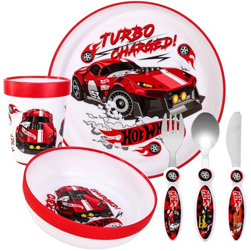 Hot Wheels Kids 6 Piece Reusable Dinner Set - Cup, Bowl, Plate & Cutlery | Lightweight & Kid-Friendly Dinnerware Set Includes Knife, Fork & Spoon, Toddler Plastic Tableware Set | Easy to Hold Design