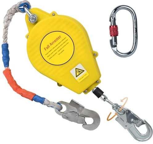 BOVDC Arnes Linea de Vida Retractil Tejado, Dispositivo Retractil Anticaidas Seguridad Homologado 10m/15m/20m, Arnes Retractil Seguridad para Trabajo Altura y Tejado(Amarillo,15m)