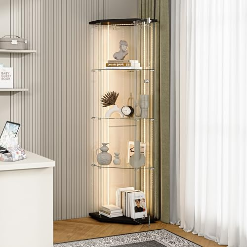 BSMGSGN Vitrine d'angle avec lumière LED et porte, vitrine en verre avec serrure, meuble de rangement pour curiosité, bibliothèque pour salon et chambre
