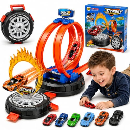 Sonnenspark Circuit Voiture Enfant, Garage Voiture Enfants, Set de Voiture Jouet avec 6 Petites Voitures Enfant, Voiture Enfant 3 Ans, Jouet de Piste de Course avec Rangement en Forme de Pneu