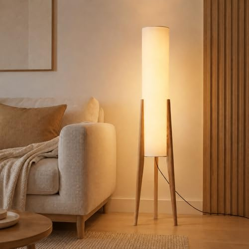 CCXXYGWJ Wabi-Sabi golvlampa, golvlampa av trästativ, ående i linnetyg, E27 3-färgstemperaturer med fot, 50 tum högt massivt trä vertikala lampor för arbetsrum i vardagsrummet
