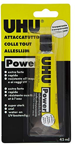 UHU Power Poliuretanico 45ml Adesivo speciali Extraforte, rapido e pulito. Trasparente