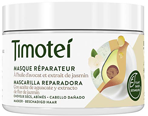 Timotei mascarilla reparadora para cabello dañado con aceite de aguacate y extracto de flor de Jazmín; con desenredantes de origen vegetal, 98% ingredientes de origen natural y sin siliconas, 300ml