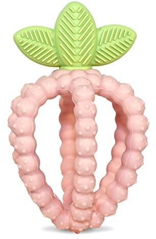 RaZbaby Bites Silicone Baby Teething Toy – Sensory Toy with Textured BerryBumps for Teething Relief, Easy-to-Hold Fruit Shape, BPA-Free, Soothes Front & Back Teeth – Gift for Babies, 3 Months+, Pink