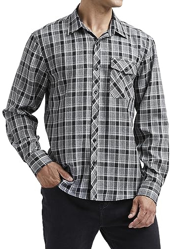HISDERN Mens Plaid Flannel Shirts Long Sleeve for Men Casual Lumberjack Shirt Checked Button Down Regular Fit Grey Black M