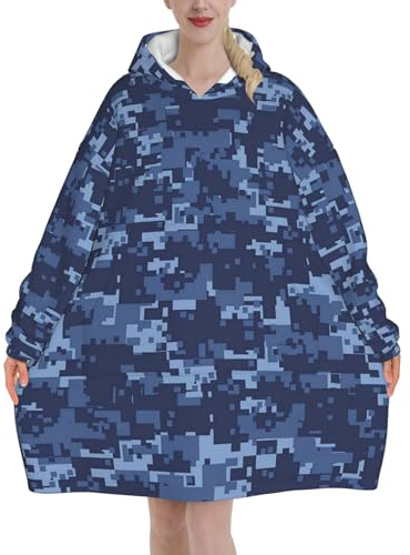 JCAKES Blaue Camouflage-Muster Frauen tragbare Decke Hoodie Flanell Pullover Decke gedruckt Decke Sweatshirt Erwachsene warme Kapuzendecke (320g Flanell/280g Flanell), Blau Camouflage-Muster, 6X-Large