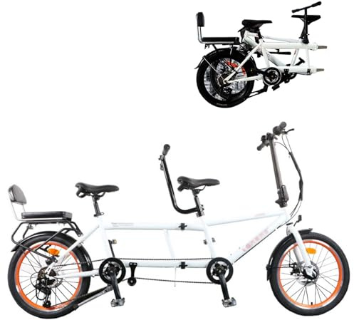 MAYFABD Foldable Tandem Bike 2 City Tandem Folding Bicycle 7 Speed Adjustable Cruiser Bike Folding Bike with 3 Seats Disc Brake Adult Portable Bicycle City Bicycle,White