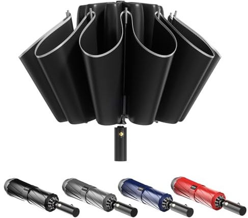 MJOFFIN Groß umgedrehter winddichter Regenschirm - Selbstöffnender und schließender Regenschirm mit reflektierenden Streifen - 48in,10 Knochen - Geeignet für Männer und Frauen(SCHWARZ)