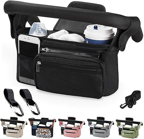 HINATAA Bolsa Organizadora Para Cochecito, Bolso Organizador Carrito Beb con Portavasos Aislado y Correa para el Ajustables Hombro, para Pañales y Juguetes, Cochecito de Bebé con 2 Ganchos (Negro)