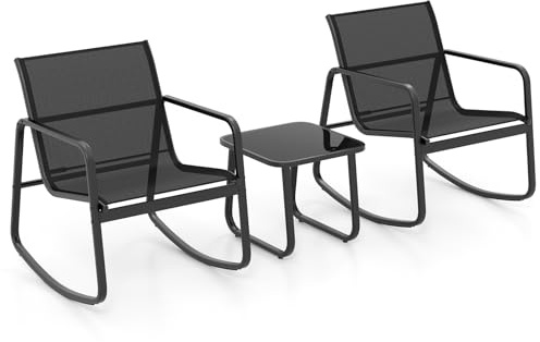 GYMAX Set di Mobili da Giardino 3PCS, 2 Sedie a Dondolo con Tavolino in Vetro, Piccolo Set da Patio con Movimento a Dondolo Fluido, Strisce Antiscivolo, per Portico Esterno, Cortile e Balcone