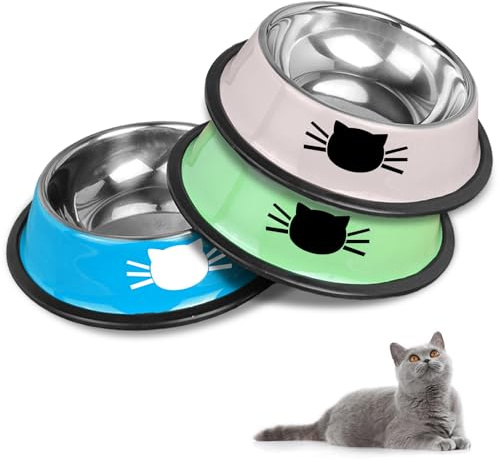 Katzennapf-Set, rutschfeste Katzennäpfe aus Edelstahl, Katzenfressnäpfe, Katzentränken, große Näpfe für Katzen und Trinknäpfe für Haustiere (Blau+Grün+Grau)