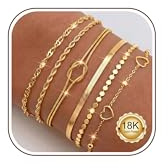 Morfetto 6 Pcs 18K Gold Plated Bracelet for Women Waterproof Non Tarnish Bangles Set Adjustable CZ Figaro Herringbone Bead Chain Link Tennis Stack Ladies Bracelets Jewellery Sets