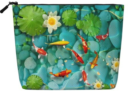 Bolsa de cosméticos japonesa con diseño de peces de carpas rojas, bolsa de aseo de viaje, adecuada para viajes de negocios y uso diario.