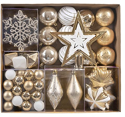 VALERY MADELYN Weihnachtskugeln 90 Stücke Christbaumkugeln Weihnachtsbaumschmuck Bruchsicher Plastik Weihnachtendeko-Set mit Anhänger für Party Weihnachtsdeko Gold Weiß Elegant Thema