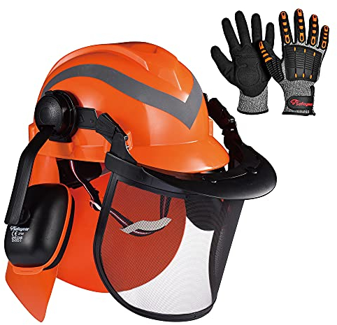 Casque de tronçonneuse forestière professionnelle avec oreillettes 27snr réglables et masque Maillé. 5009OR EN397 casque de jardinage. Une paire de gants résistants aux chocs est fournie gratuitement.