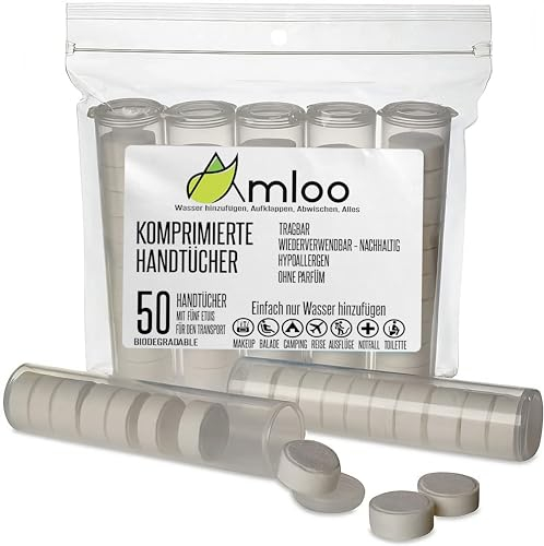 AMLOO 50 Magic Komprimierte Handtücher. Mini-Reisehandtuch für Gesundheit und Outdoor-Sport. Kleines Gesichtshandtuch, Einweg-Oshibori und Fingerwaschlappen, tragbar mit 5 Transportetuis
