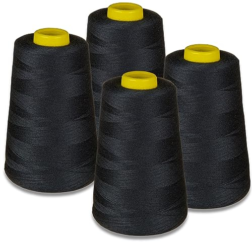 Lialina Overlockgarn Set 4 Konen Schwarz, OEKO-TEX, Stärke 120, Länge je 5000m, 100% Polyester, Nähgarn für Overlock Nähmaschinen