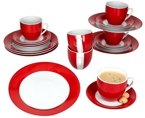 MamboCat Variant Rot 18tlg Kaffeeservice I farbige Porzellan-Kaffeeset für 6 Personen I Je 6X Kaffeetassen 200ml, Untertassen & Kuchenteller I buntes Geschirr für Frühstück & Kaffee
