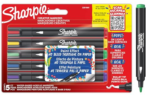 Sharpie Creative Marker Acrylic Paint Pens | Water-Based Paint Markers | No-Bleed Ink Writes on Most Surfaces | Bullet Tip | Crafting & Art Supplies | Assorted Colours | 5 Count