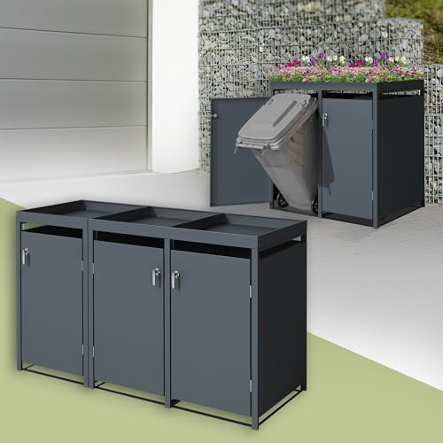 ML-Design Abri pour 3 Poubelles jusqu'à 240 L, Acier, Anthracite, LxlxH-200x80x124 cm, Habillage de Poubelle avec Porte, avec Jardinière, Conteneur Extérieur, Verrouillable, Résistant aux Intempéries