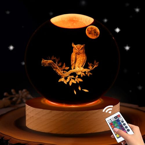 Lampe boule de cristal en forme de chouette 3D avec télécommande – Décoration pour chambre à coucher, cadeau d'anniversaire, de Noël pour femmes, enfants, filles, garçons