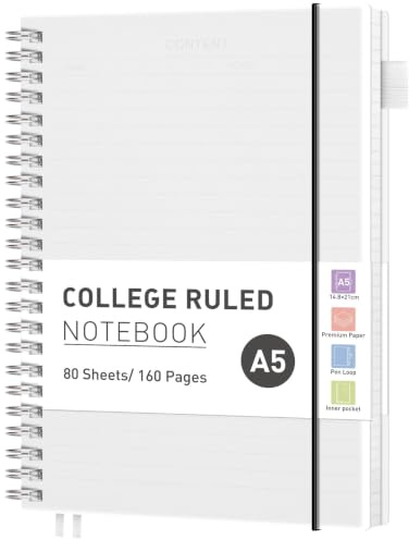 RETTACY A5 Spiral Notebook, Lined Journal, Notepad, 160 Pages, Transparent | Flexible Plastic Cover Note Book, 100 GSM College Ruled Paper, with Pocket, Pen Loop, Ruler & Bookmark - 14.5 × 20.7 cm