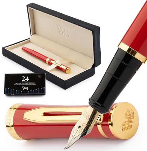 Wordsworth och svart reservoarpennset, böjd spets, inkluderar 24-pack bläckpatroner, bläckpåfyllningsomvandlare och presentask, kalligrafi, [Crimson Red], perfekt för män och kvinnor