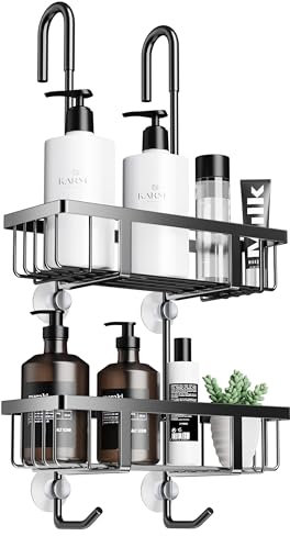 pickpiff Mensola doccia da appendere, mensola doccia shampoo, supporto per porta in vetro, cestino per doccia, senza foratura, shampoo, gel doccia, in acciaio inox, nero, altezza 57 cm