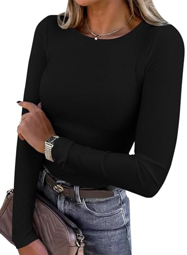 PRETTYGARDEN Women 2026 Fall Clothes Long Sleeve Shirts Ribbed Knit Fitted Basic Tee Going Out Tops Underscrub Casual Outfits (Black,Medium)