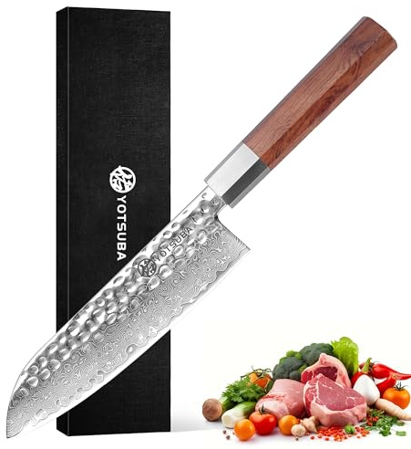 YOTSUBA Damascus japansk Santokukniv 18 cm, extra vass japansk kökskniv, knivblad med ergonomiskt trähandtag, rostfritt stål för kött, grönsaker och frukt, perfekt för hobbykockar och proffs