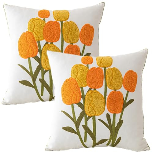Ausing Housses de coussin brodées en jacquard 45×45 cm, motif tulipe, coton doux et pelucheux, lot de 2, style campagne