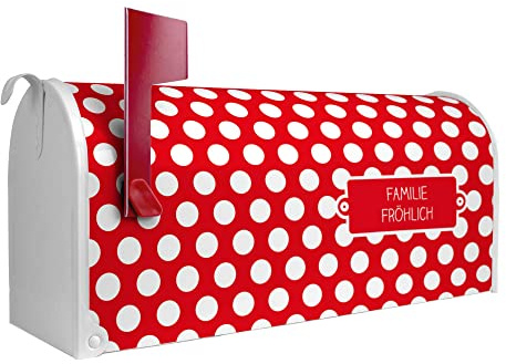 banjado® Amerikanischer Briefkasten - US Mailbox/Letterbox mit Motiv Punkte Rot 51x22x17cm - Postkasten Stahl aus Amerika – Briefkasten amerikanisch weiß pulverbeschichtet