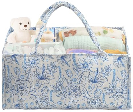 FANGCCC Skötväska arrangör, stor babyblöja med handtag och avtagbar skiljevägg, skötkorg organisatör med blommönster, present till mamma, mångsidig blöjväska (blå blommor)