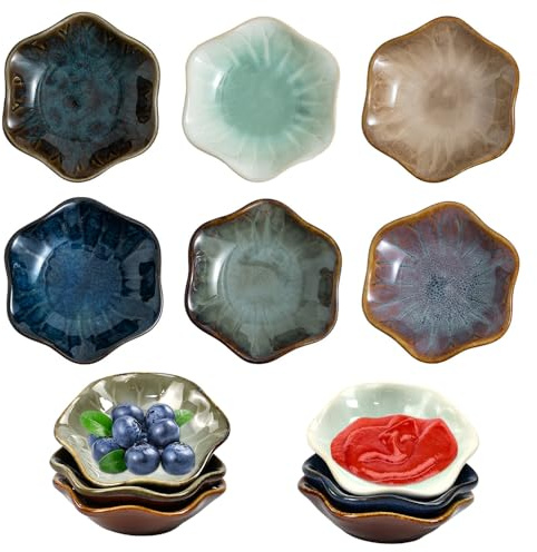 FuxFuis 6 Pz Set di Piatti Giapponesi Ceramica, Ciotola per Salsa di Soia, Ciotola per Aperitivo di Porcellana, Mini Ciotole Cucina Ceramica, Piattini Piccoli per Sushi, Salsa, Snack e Soia - 6 Stili