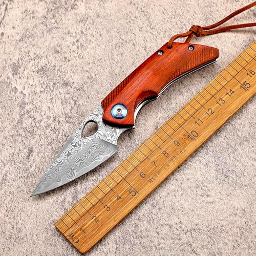 Joa Couteau pliant en acier damassé forgé - Couteau de poche tranchant en acier damassé avec bois d'ombrage - Couteau en acier inoxydable Damas - Couteau d'extérieur EDC - Petit couteau léger