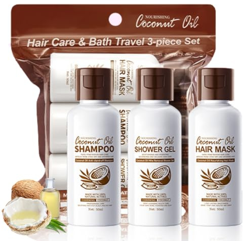 Kokosöl Reise Badeset mit Shampoo,Duschgel & Haarmaske,Reise Duschset für Frauen und Männer,Bath Travel Set Kit für Haare und Körper,Duschgel & Haarpflege für Urlaub,Business Trip & Wellness